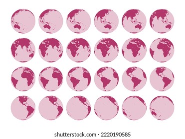 Conjunto de vectores de 24 globos que muestran vistas laterales detalladas de la rotación de la Tierra en una hora. Rotación 15 grados. Vista del ecuador.