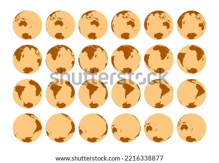 Vector set of 24 globes showing detailed isometric view of the rotation of the Earth in one hour. Rotation 15 degrees. South Pole view.