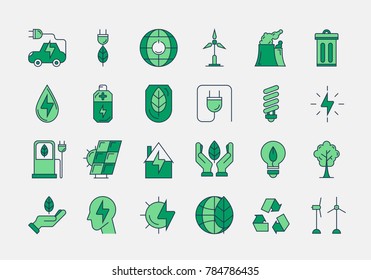 Vector set of 24 green outline icons. Ecology, eco system, future technology of saving resources and clean planet