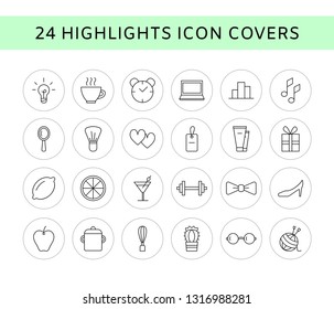 Vector set of 24 line icons - social media story highlights covers. Trendy bloggers linear icons. Blog decoration icons. Beauty icons isolated on white. Eps 10