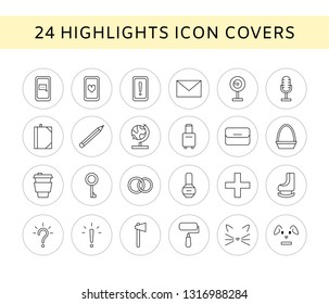 Vector set of 24 line icons - social media story highlights covers. Trendy bloggers linear icons. Blog decoration icons. Beauty icons isolated on white. Eps 10