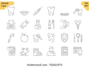 Vector set of 24 linear outline icons. Dental care isolated pictographs. Teeth, tools, treatment, professional health care and orthodontics, implants