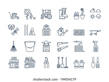 Vector set of 24 linear outline icons. Gardening harvesting isolated pictogram. Lawnmower, bucket,shovel, wheelbarrow and woman in working clothes, tractor