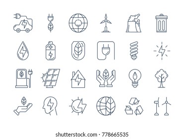 Vector set of 24 linear outline icons. Ecology, eco system, future technology of saving resources and a clean planet
