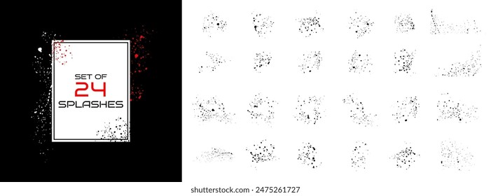 Vector set of 24 splatters. Black paint splashes. Blotter spots of liquid ink. Drip drop splash Artistic dirty grunge abstract spots collection. Bundle of black messy inkblot. Design elements