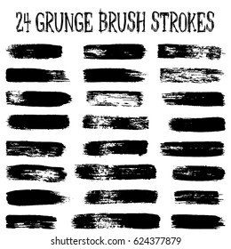 Vector set of 24 trendy black brush strokes or backgrounds. Artistic lines grunge collection. Set of black grungy hand painted brush strokes isolated on white. Abstract ink texture, design elements.