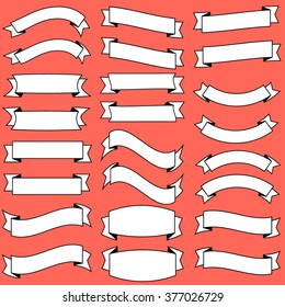 Vector set of 24 white ribbons. Curved and straight vector ribbons, banners, streamers.