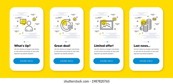 Vector set of 24h delivery, Photo and Users chat line icons set. UI phone app screens with line icons. Coins icon. Stopwatch, Image placeholder, Communication concept. Tips money. Vector