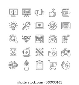 Vector set of 25 icons and signs in mono line style - graphic design, online marketing, branding and website development, internet business pictograms