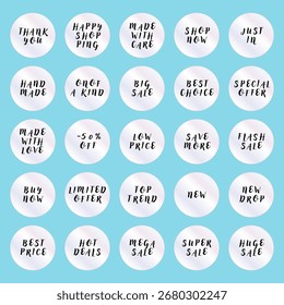 Vector set of 25 round holographic promo stickers with shopping and discount phrases on a purple background. Perfect for advertising, posters, banners, social media, and store design.