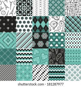 Vector set of 25 seamless pattern backgrounds - argyle, polka dot, damask, floral, striped, wave, abstract, plaid.