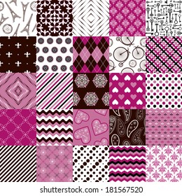 Vector set of 25 seamless pattern backgrounds - argyle, polka dot, damask, floral, striped, wave, abstract, plaid.