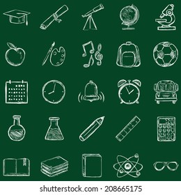  Vector Set Of 25 Sketch School Icons. Chalk On A Blackboard.