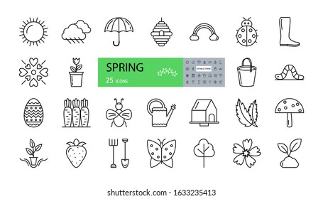 Vector set of 25 spring icons with editable stroke. sun, clouds with rain, umbrella, boot, rainbow, beehive, flower, love, ladybug, bucket, worm, easter egg, carrot, watering can, birdhouse, leaves