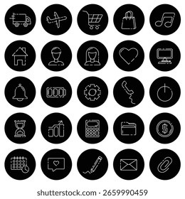 Vector set of 25 white icons with black circles.