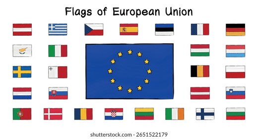 Hand‑drawn vector set of 27 European Union country flags. Outline style on white background. Ideal for banners, educational posters, infographics, political presentations, and web design. - Powered by Shutterstock - Get 15% off with code: PIKWIZARD15