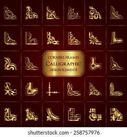 Vector set of 28 calligraphic corners and frames in gold