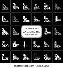 Vector set of 28 calligraphic corners and frames isolated on black background