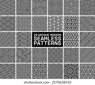 Vector set of 28 geometric linear patterns. Collection of seamless modern textures for your design.