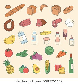 Vector set of 29 thin line color grocery icons. Bakery, meat, milk and cheese, sweets, fruits and vegetables.