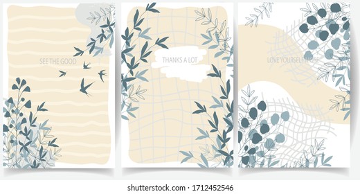 Vector set of 3 abstract backgrounds, patterns with leaves, herbs and motivational inscription. Design for poster, postcard, stories.
