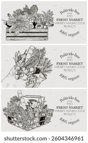 Vector set of 3 banners for grocery store. Vegetables in wooden box, healthy food in paper eco bag, grocery cart in store. Template with farm products. Fresh market brochure