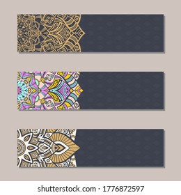 Vector set 3 banners with traditional indian ornaments, lace orient mandala. Decorative elements.  Ethnic Mandala ornament. Islam, Arabic, Indian, ottoman motifs. Color illustration.