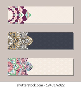 Vector set 3 banners with traditional indian ornaments, lace orient mandala. Decorative elements.  Ethnic Mandala ornament. Islam, Arabic, Indian, ottoman motifs. Color illustration.