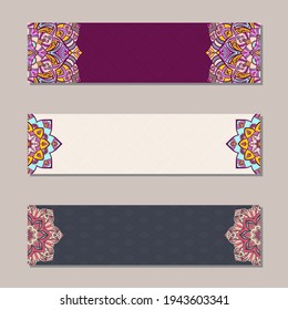 Vector Set 3 Banner mit traditionellen indianischen Ornamenten, Spitzen-orientiert mandala. Dekorative Elemente.  Ethnische Mandala-Ornament. Islam, arabische, indische, ottomanische Motive. Farbillustration.