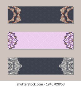 Vector Set 3 Banner mit traditionellen indianischen Ornamenten, Spitzen-orientiert mandala. Dekorative Elemente.  Ethnische Mandala-Ornament. Islam, arabische, indische, ottomanische Motive. Farbillustration.