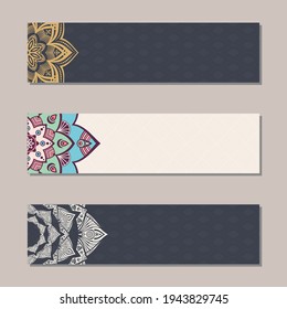 Vector set 3 banners with traditional indian ornaments, lace orient mandala. Decorative elements.  Ethnic Mandala ornament. Islam, Arabic, Indian, ottoman motifs. Color illustration.
