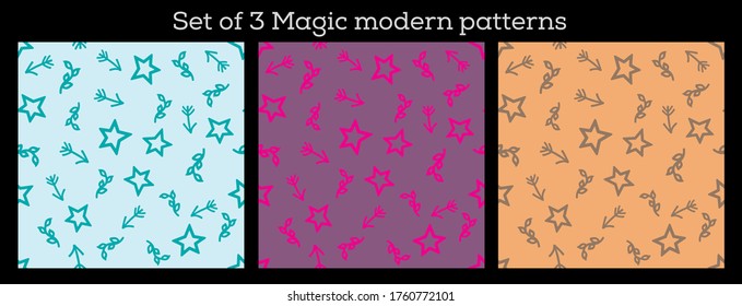 Vector set of 3 beautiful patterns with stars, twigs and arrows