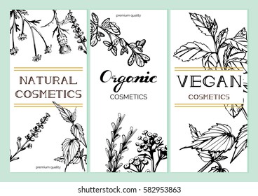 Vector set of 3 cards with flowers and herbs compositions and golden accents in hand-drawn style. Natural, organic, vegan cosmetics labels.