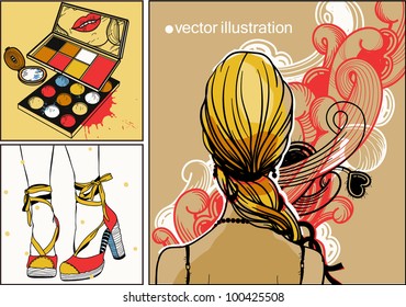 vector set of 3 cards with a girl, summer shoes and colorful makeup