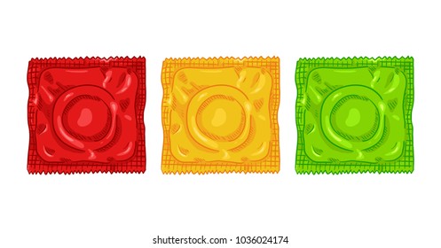 Vector Set of 3 Color Condoms. Red, Yellow and Green Contraceptive in Package.