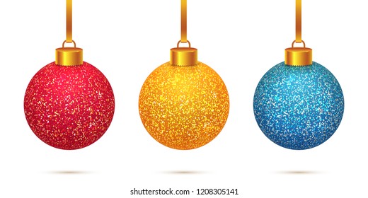 Vector set of 3 colorful sparkled and shining Christmas toys isolated on white background. Beautiful Xmas red, gold and blue crystal balls with frosted snow effect decorations.