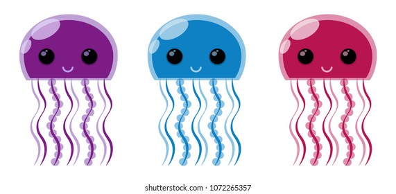 Vector set of 3 cute cartoon jellyfishes. Blue, Purple and Pink isolated jellyfish on a white background.