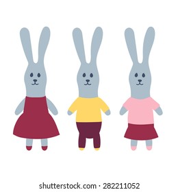 Vector set of 3 cute rabbits, in clothing. Grey, yellow, red and pink colors. Isolated on white background.