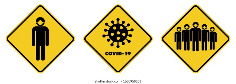 Vector Set of 3 Epidemic warning signs, stickers, badges. Yellow rhombus. Man in respirator mask, stop the corona virus, crowd of people in respirators. Flu labels design isolated on white background.