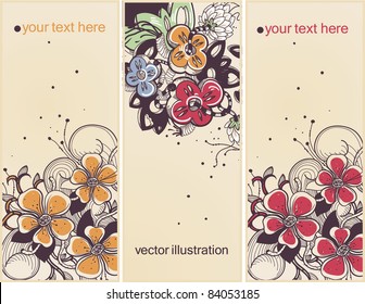 vector set of 3 floral cards with fantasy blooming flowers