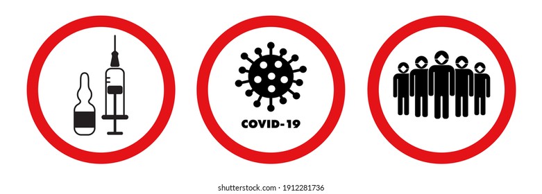 Vector Set of 3 Flu signs, stickers, badges in red circles. Vaccination, stop the virus, flu shot, crowd of people in medical masks. Flu labels design isolated on white background.