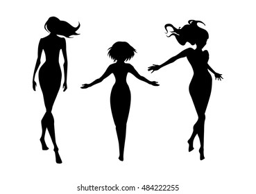 Vector set 3 girls silhouettes, black, different poses, short and long hair