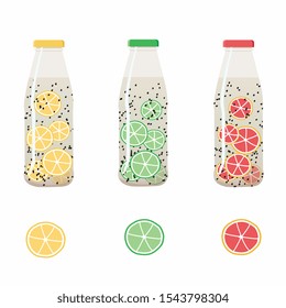 Vector set of 3 glass bottle chia seed water. Bottle colors: green (lime), yellow (lemon), red (grapefruit). Chia water - trendy detox food. Isolated elements on white background.