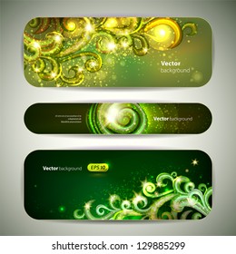 Vector set of 3 green banners with decorative swirls.