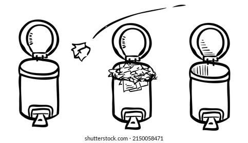 Vector Set 3 Hand Draw Sketch of crumpled Paper throwed into opened trash bin
