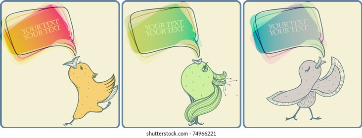 vector set of 3 hand drawn cards with funny birds and bright speech bubbles