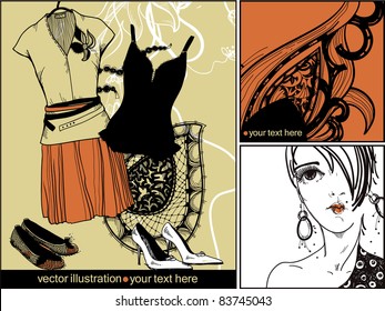 vector set of 3 hand drawn cards with a beautiful young girl and a fashion dress and shoes