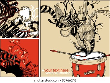 vector set of 3 hand drawn cards with a red drum, trumpets and abstract plants