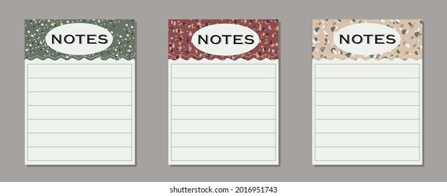 Vector set of 3 note pages with abstract ornaments.