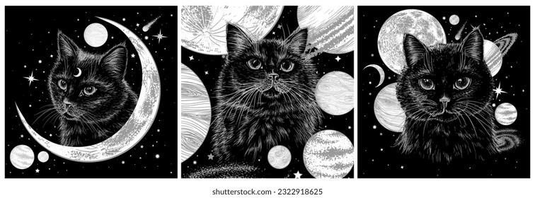 Vector set 3 posters and black cats the background space  stars  planets  moon in engraving style